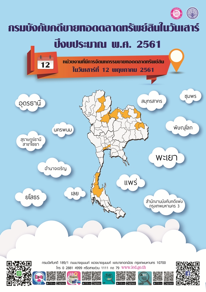 ﻿กรมบังคับคดีจัดการขายทอดตลาดทรัพย์สินทุกวันเสาร์ สำหรับเดือนพฤษภาคม 2561
